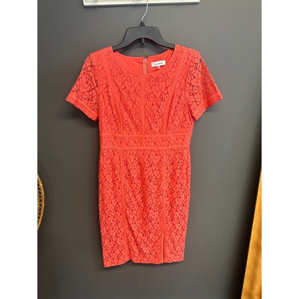 Calvin Klein‎ Womens Size 8 Dress Coral Orange Lace Sheath Short Sleeve Back Zip